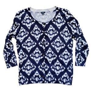 Talbots Womens Cardigan Sweater Size L Blue White Pattern Knit Button Up
